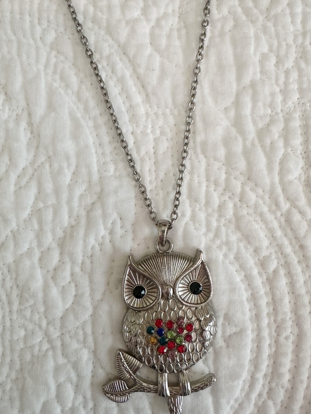 Vintage Silver Owl Pendant Necklace with Multicolor Gem Accents